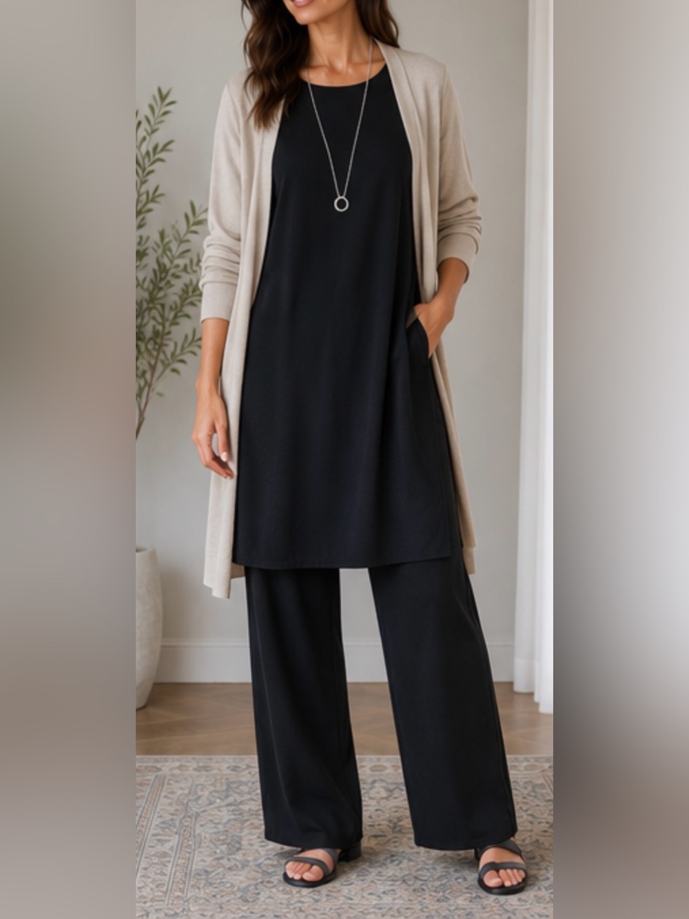 Eileen Fisher Womens M Black 100% Silk Tunic Dress High Side Slits Long Sleeve - Picture 3 of 13